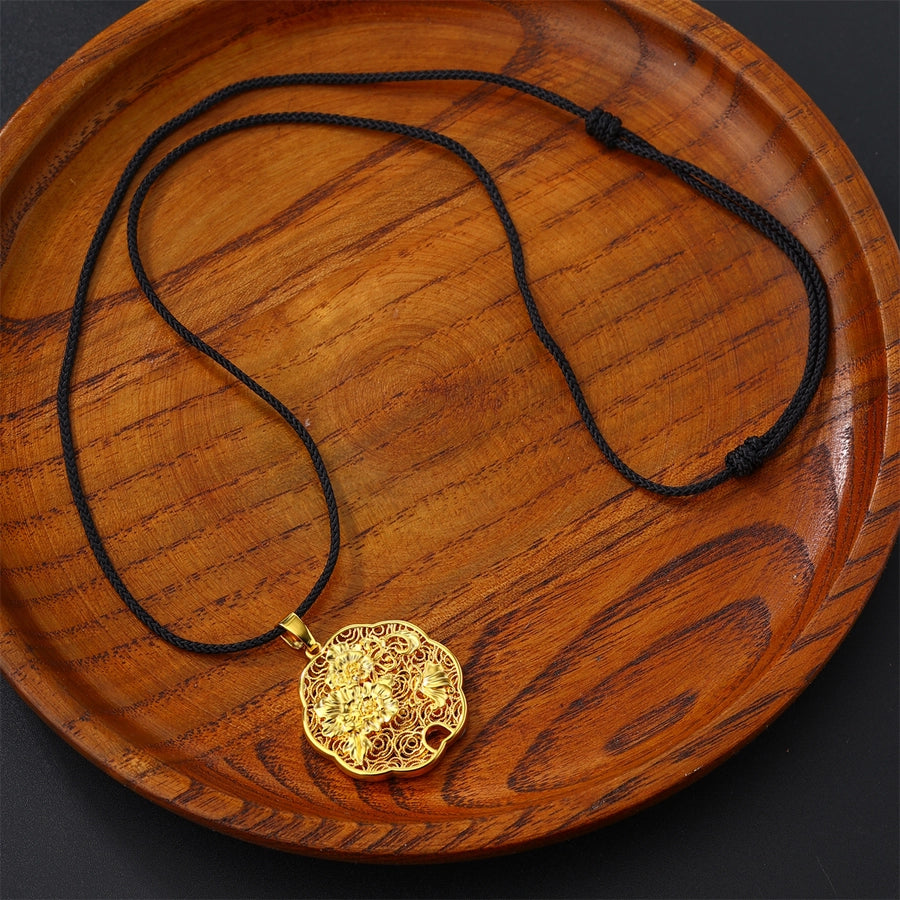 Casual Flower Gourd Dragon rope Copper Hollow Out 24K Gold Plated Men's Pendant Necklace