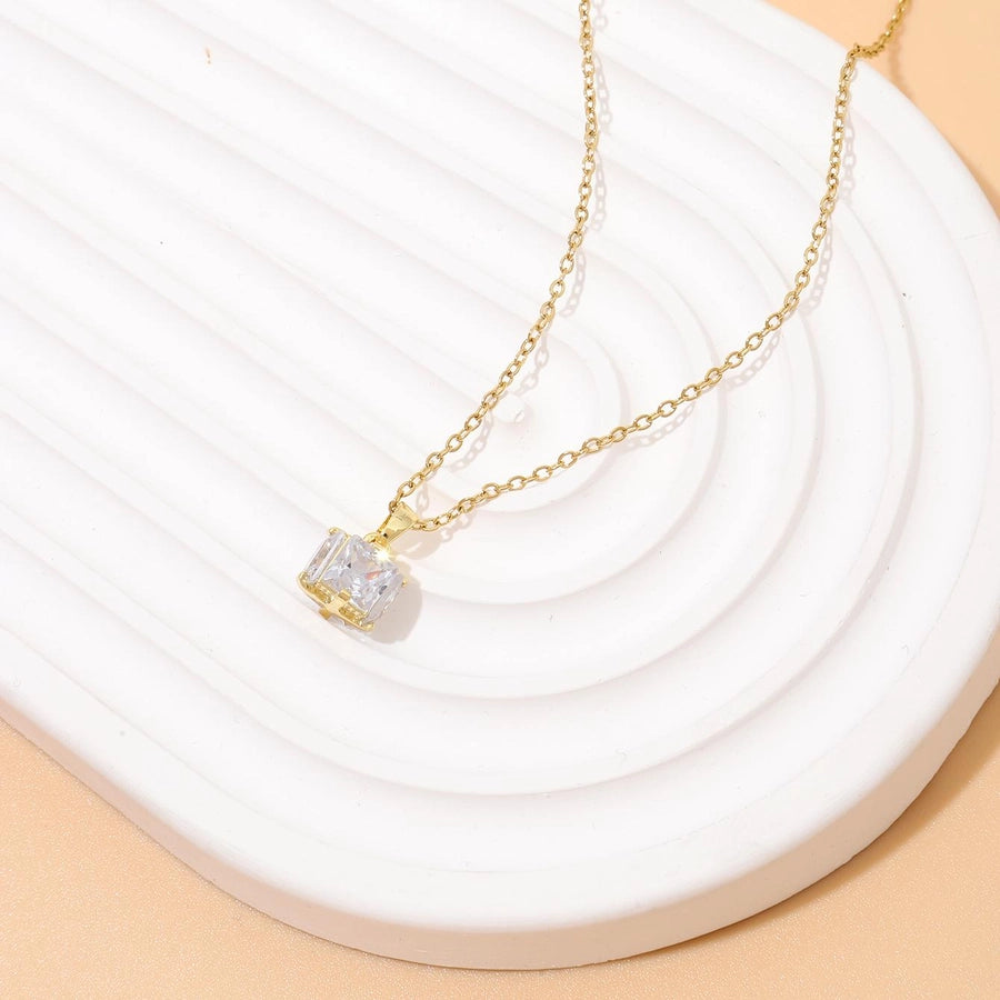 Copper 18K Gold Plated Plating Inlay Square Zircon Pendant Necklace
