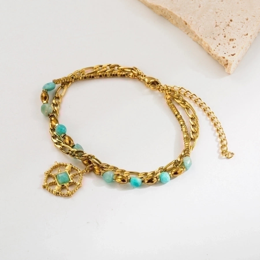 retro vacation heart shape eye stainless steel natural stone beaded plating inlay zircon 18k gold plated bracelets
