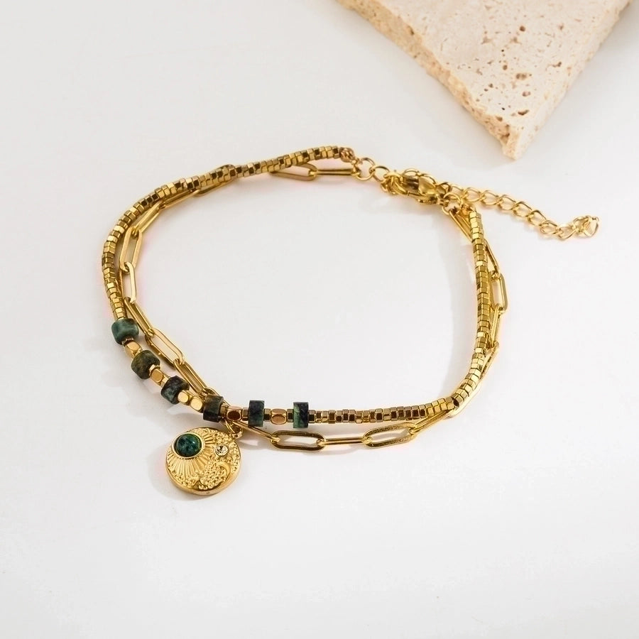 retro vacation heart shape eye stainless steel natural stone beaded plating inlay zircon 18k gold plated bracelets