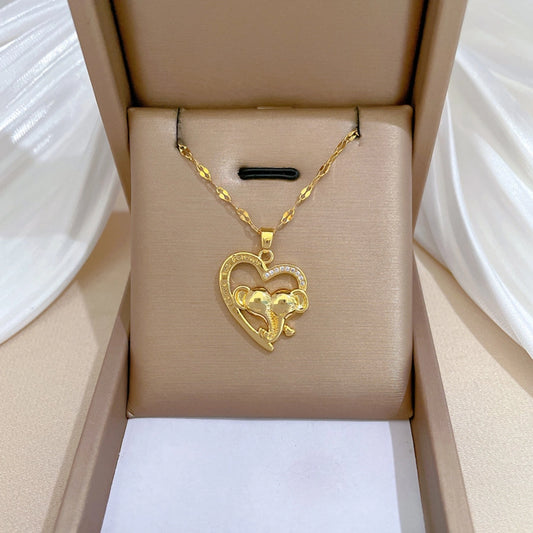 Titanium Steel Copper Hollow Out Inlay Heart Shape Elephant Zircon Pendant Necklace