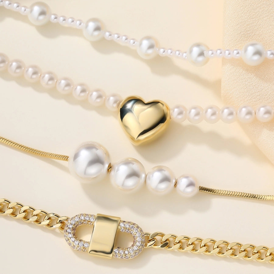 Copper 18K Gold Plated Asymmetrical Hollow Out Round Heart Shape Artificial Pearls Necklace