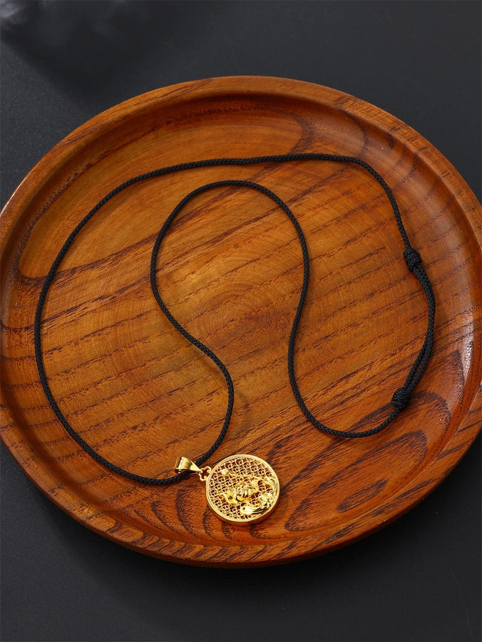 Casual Flower Gourd Dragon rope Copper Hollow Out 24K Gold Plated Men's Pendant Necklace