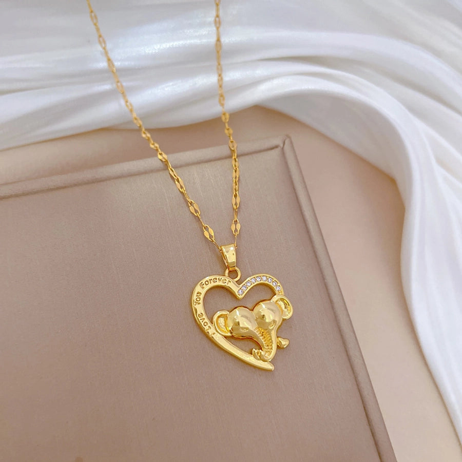 Titanium Steel Copper Hollow Out Inlay Heart Shape Elephant Zircon Pendant Necklace