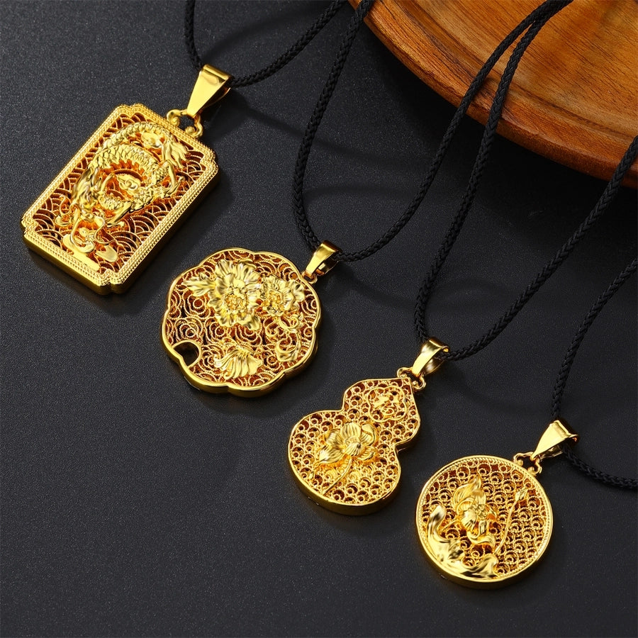 Casual Flower Gourd Dragon rope Copper Hollow Out 24K Gold Plated Men's Pendant Necklace