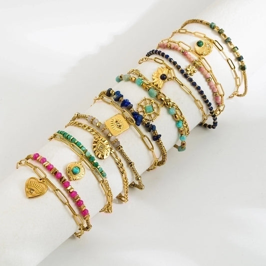 retro vacation heart shape eye stainless steel natural stone beaded plating inlay zircon 18k gold plated bracelets