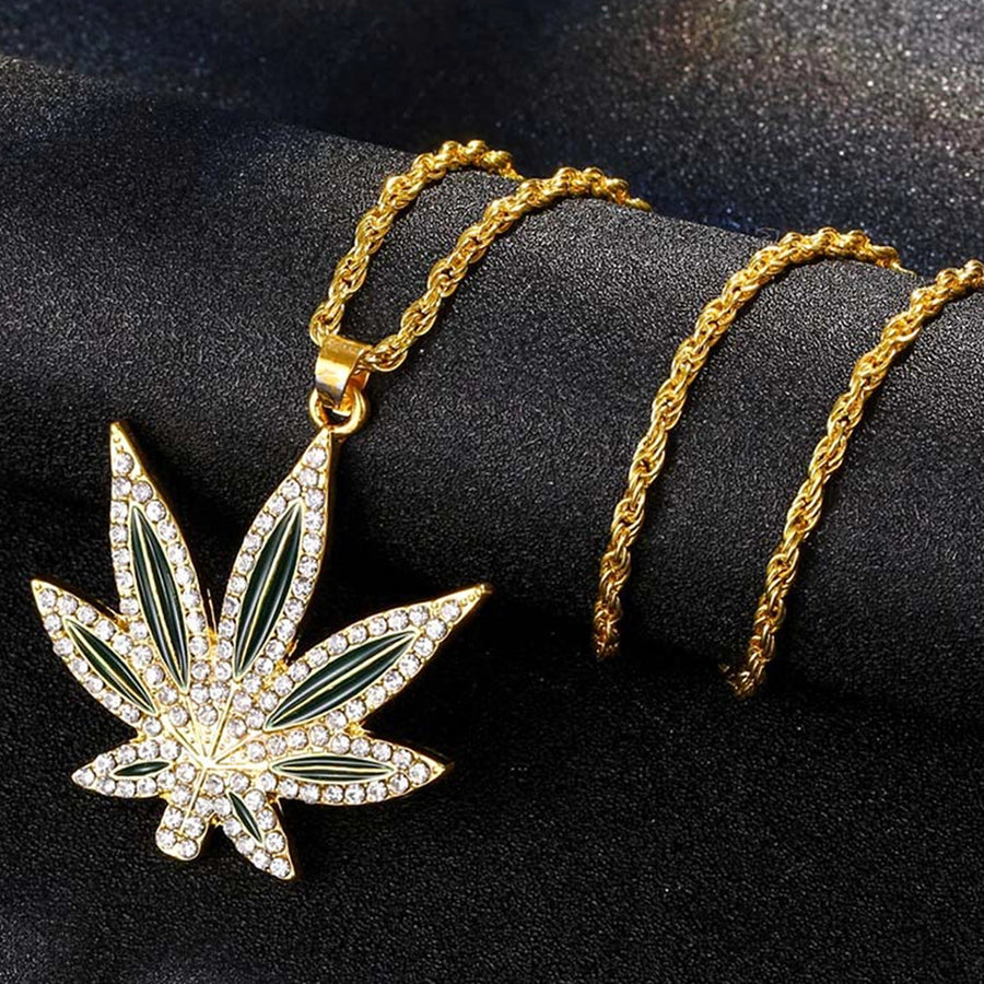 Alloy Copper Inlay Maple Leaf Zircon Pendant Necklace
