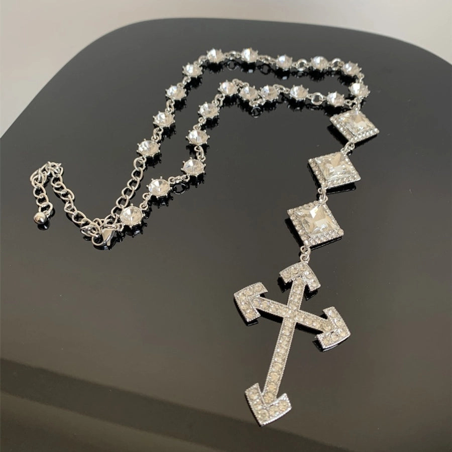 Hip-Hop Exaggerated Punk Cross Tassel Silver Plated Rhinestones Alloy Rhinestone Copper  Necklace