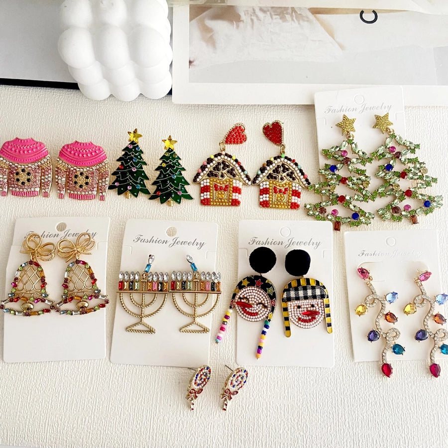 1 pair fashion christmas house christmas tree bow knot inlay alloy rhinestones ear studs