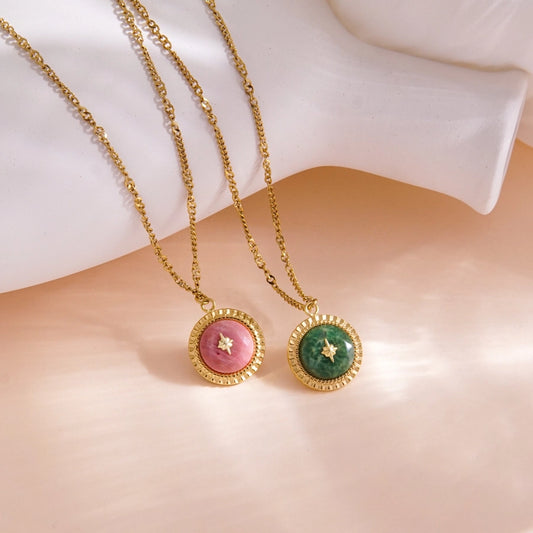 304 Stainless Steel natural stone 14K Gold Plated IG Style Vintage Style British Style Inlay Round Star Natural Stone Pendant Necklace