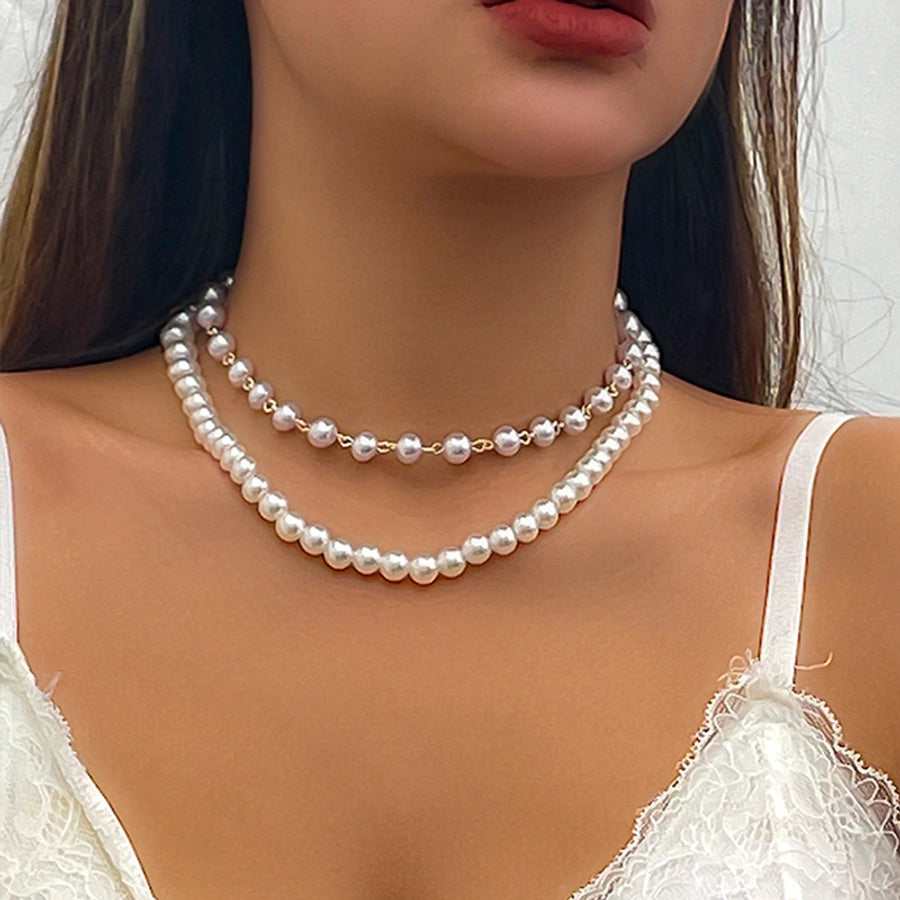 cute sweet geometric solid color imitation pearl plating chain women's necklace
