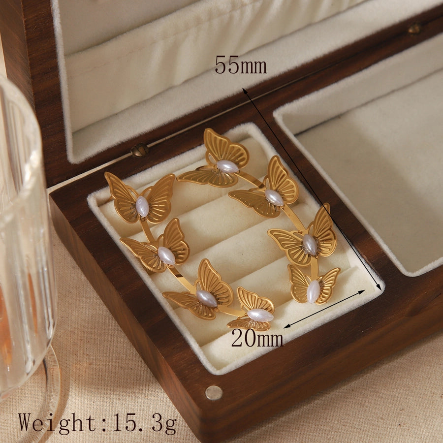 1 Pair Luxurious Simple Style Commute Flower Butterfly chain Inlay 304 Stainless Steel Acrylic Imitation Pearl Zircon 18K Gold Plated Drop Earrings