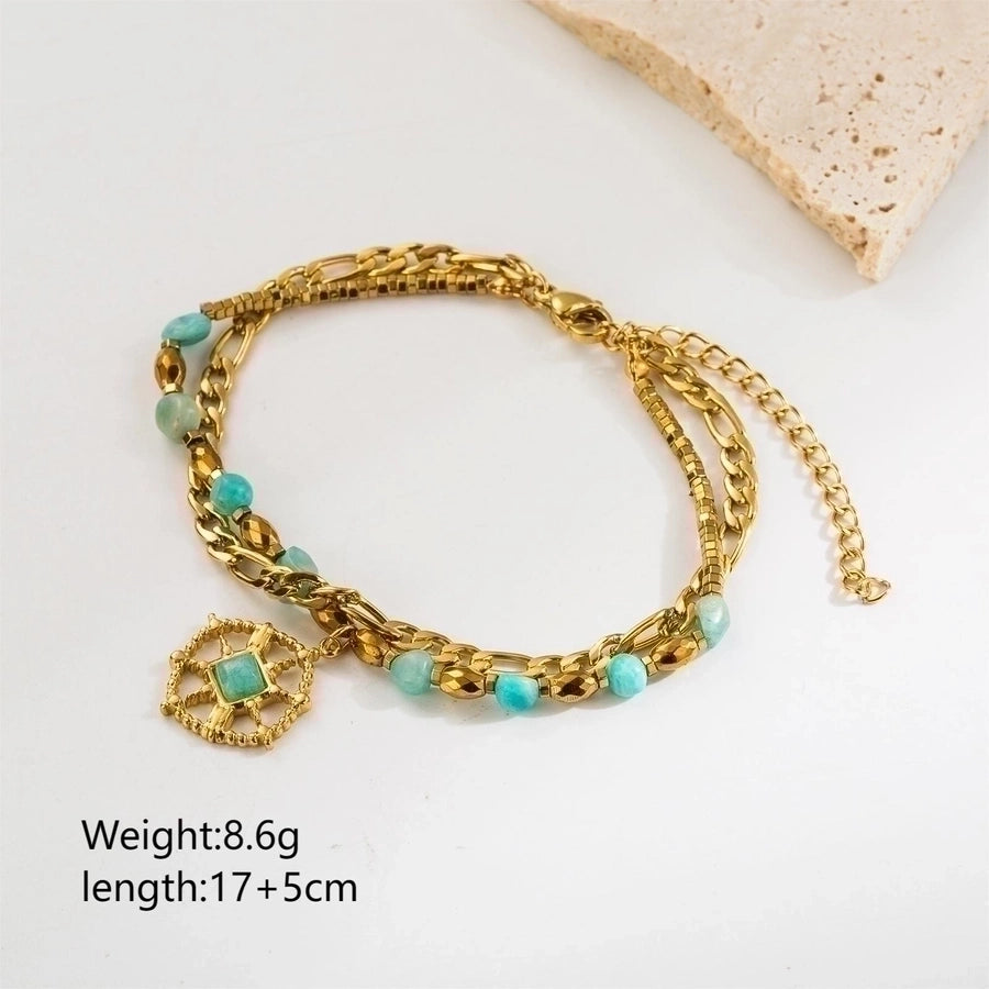 retro vacation heart shape eye stainless steel natural stone beaded plating inlay zircon 18k gold plated bracelets