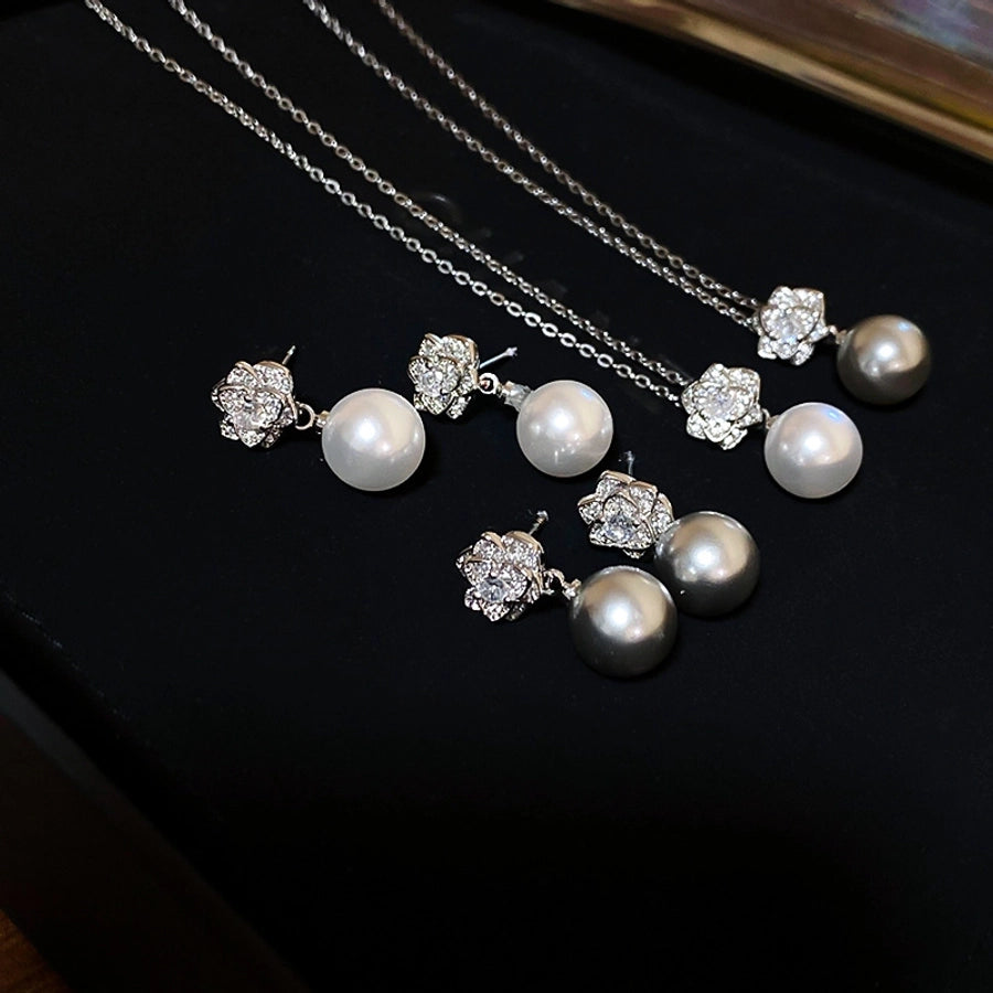 Elegant Simple Style Flower Imitation Pearl Copper Inlay Zircon Women's Earrings Necklace