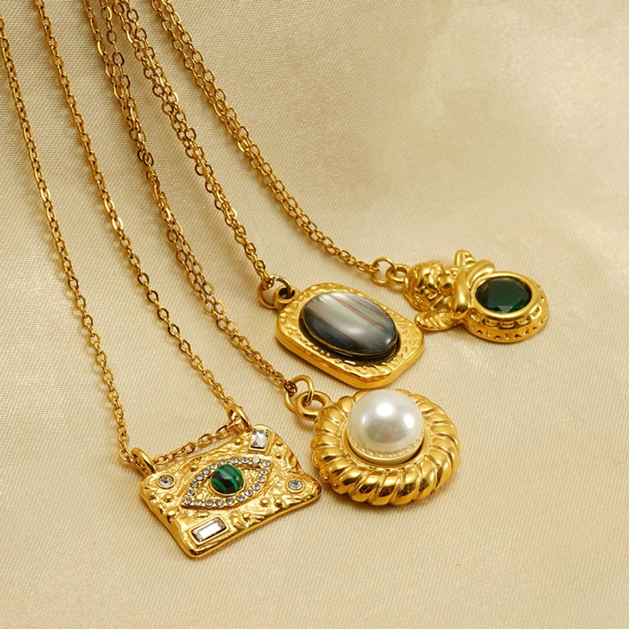 Jewelry Retro Oval Eye Stainless Steel Gem Pearl 18K Gold Plated Plating Inlay Pendant Necklace Long Necklace
