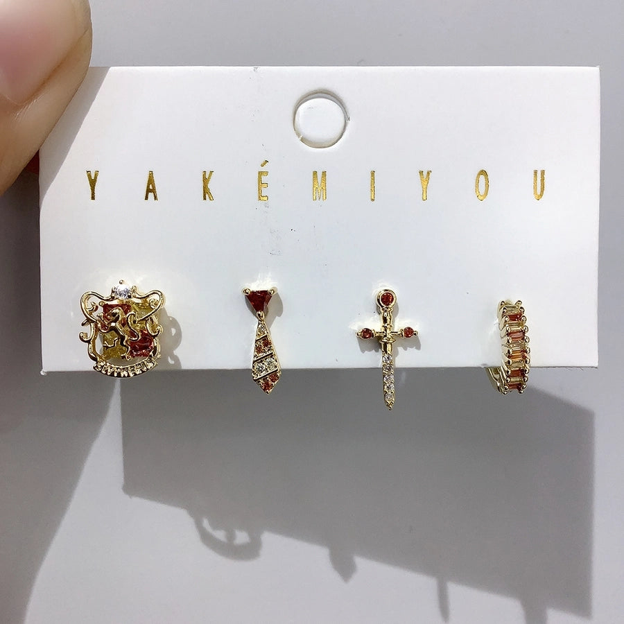 1 Set Yakemiyou Cool Style Cartoon Inlay Copper Zircon 14K Gold Plated Ear Studs