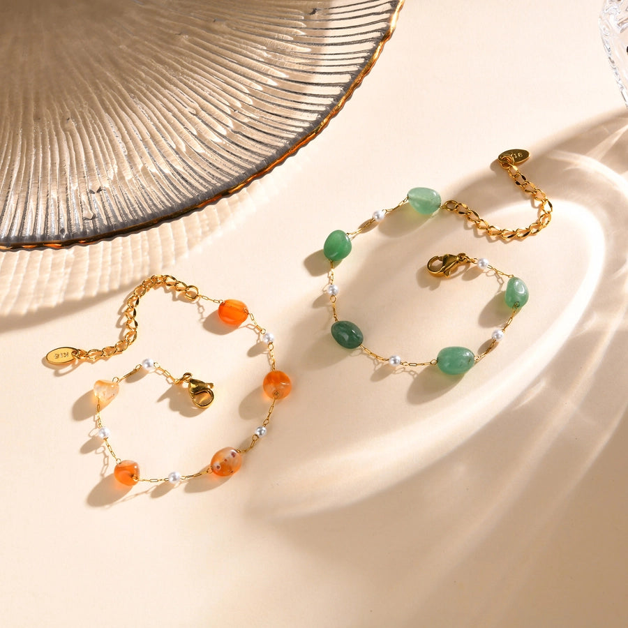 Stainless Steel Plated 18K Gold Chain Imitation Amber Stone Imitation Jade Imitation Pearl Chain Jewelry Suit Necklace