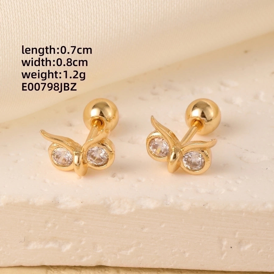 1 Pair Elegant Simple Style Geometric Heart Shape Butterfly Inlay 304 Stainless Steel Copper Zircon Gold Plated Ear Studs