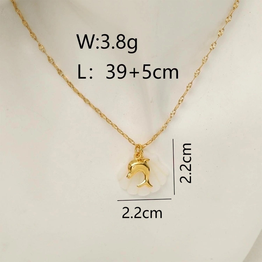 Vacation Marine Style Beach Starfish Dolphin Shell 18K Gold Plated Shell Titanium Steel  Pendant Necklace