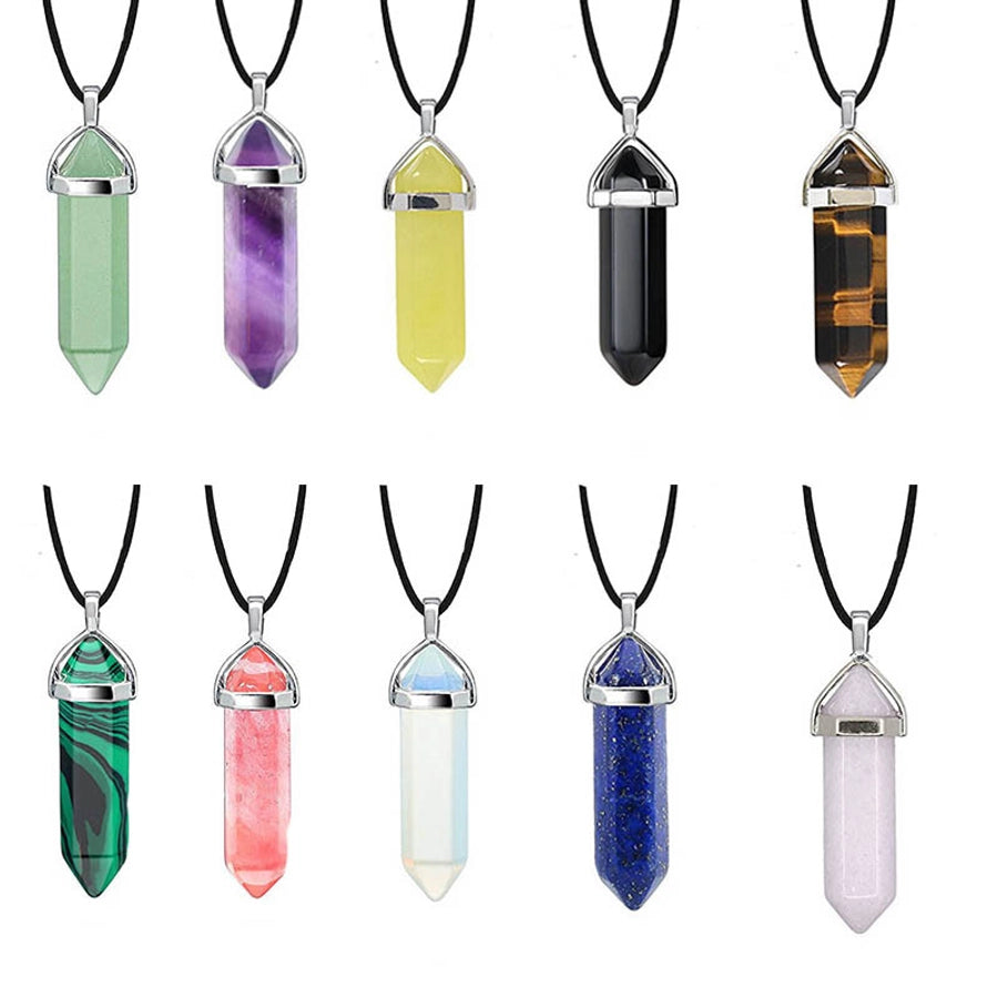fashion hexagon prism natural stone leather rope pendant necklace 1 piece