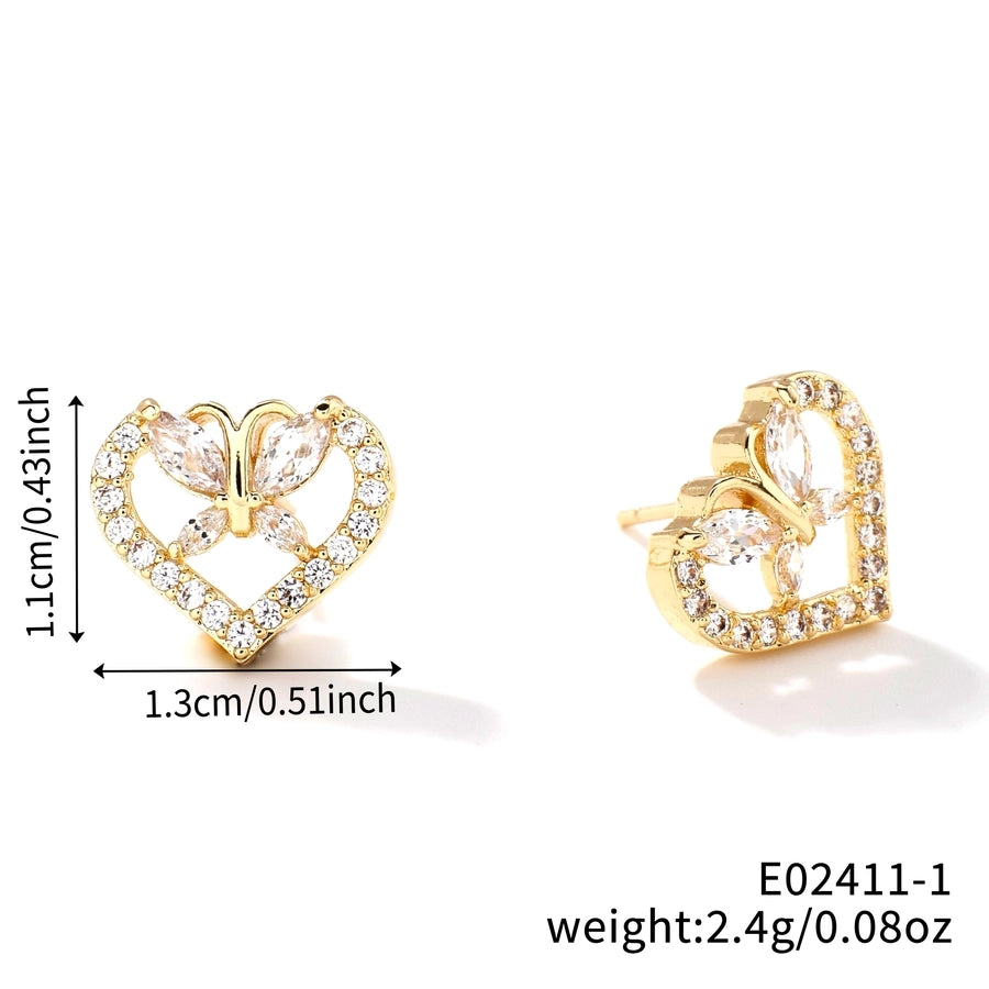 1 Piece Classical Simple Style Shiny Geometric Heart Shape Inlay Copper Zircon K Gold Plated Ear Studs