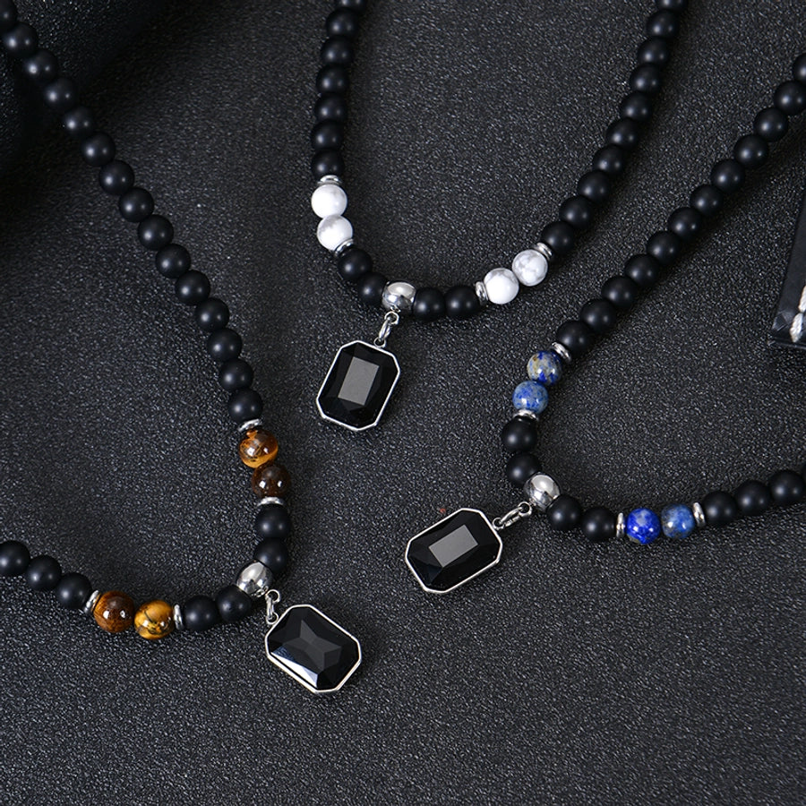 Retro Stainless Steel Black Gemstone Pendant Necklace Men's Frosted Stone Tigereye Beaded Hip Hop Necklace Women