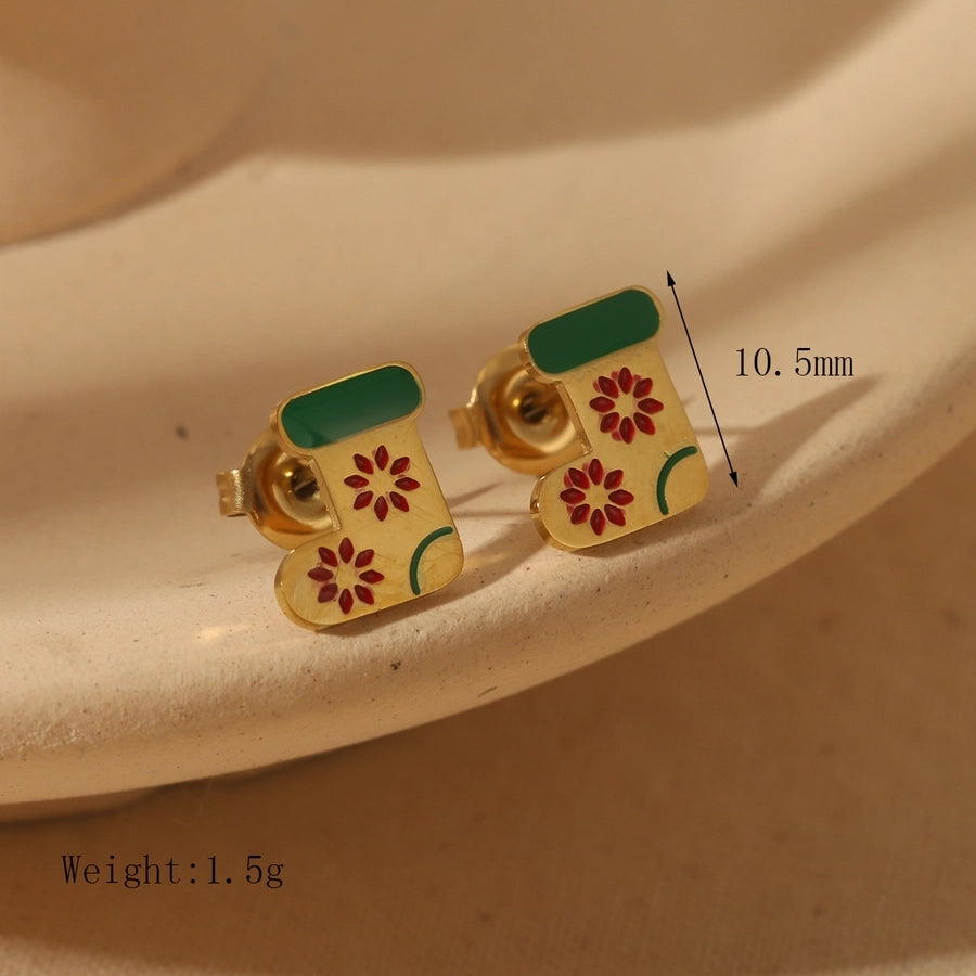 1 Pair Sweet Simple Style Christmas Tree Santa Claus Enamel 304 Stainless Steel Zircon 14K Gold Plated Ear Studs