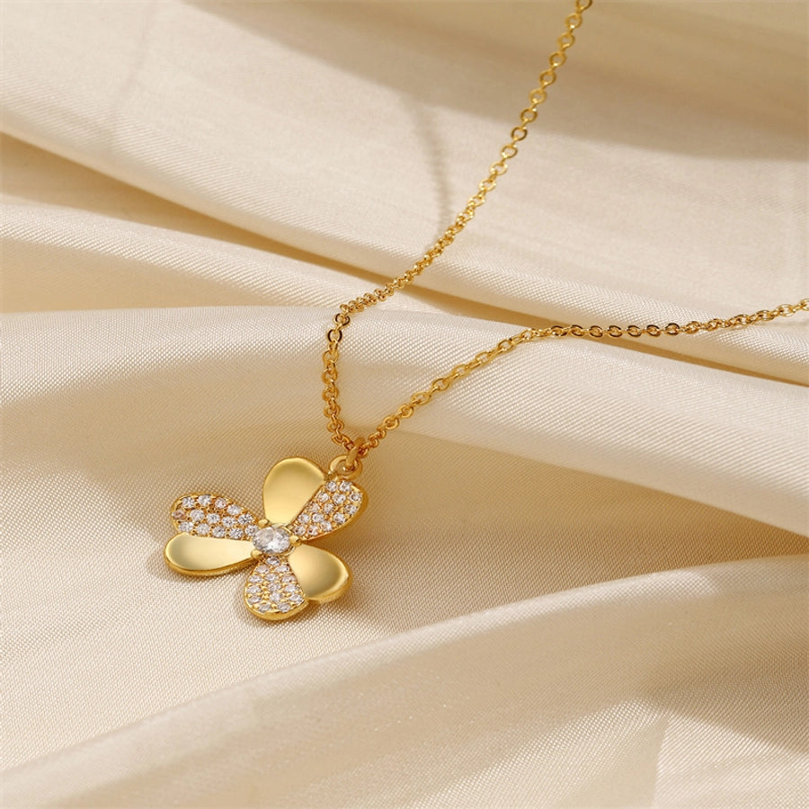 Copper 18K Gold Plated Patchwork Inlay Shamrock Zircon Pendant Necklace