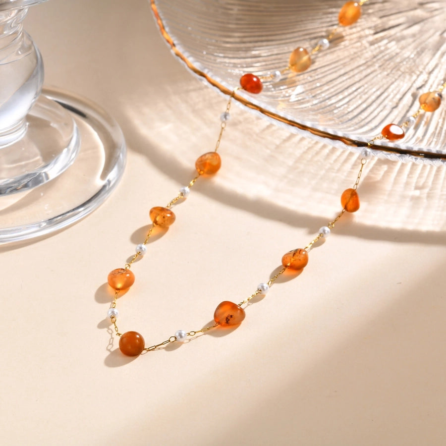 Stainless Steel Plated 18K Gold Chain Imitation Amber Stone Imitation Jade Imitation Pearl Chain Jewelry Suit Necklace