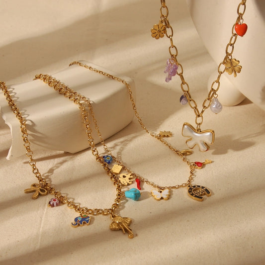 Jewelry Vintage Style Simple Style Artistic Elephant Butterfly Bow Knot 304 Stainless Steel Natural Stone 18K Gold Plated Epoxy Pendant Necklace