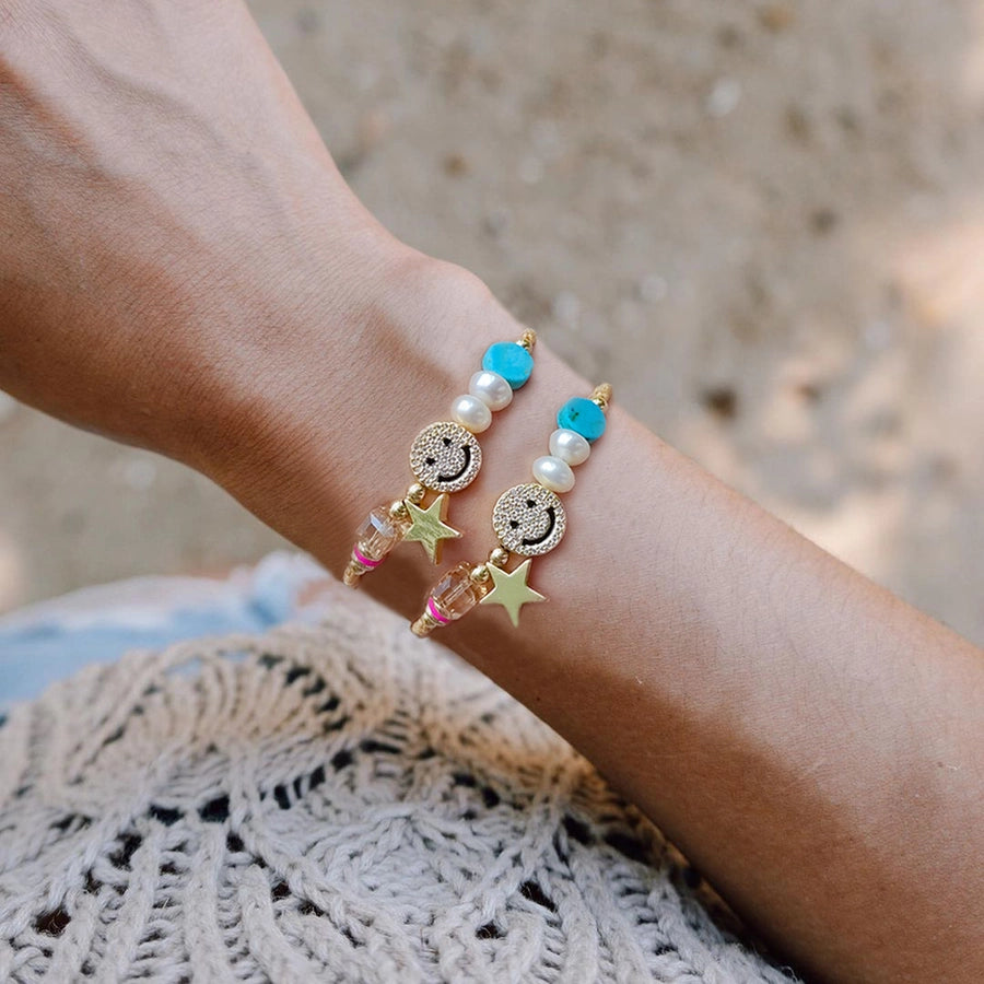 cute star freshwater pearl rope copper knitting plating inlay rhinestones 18k gold plated women's bracelets