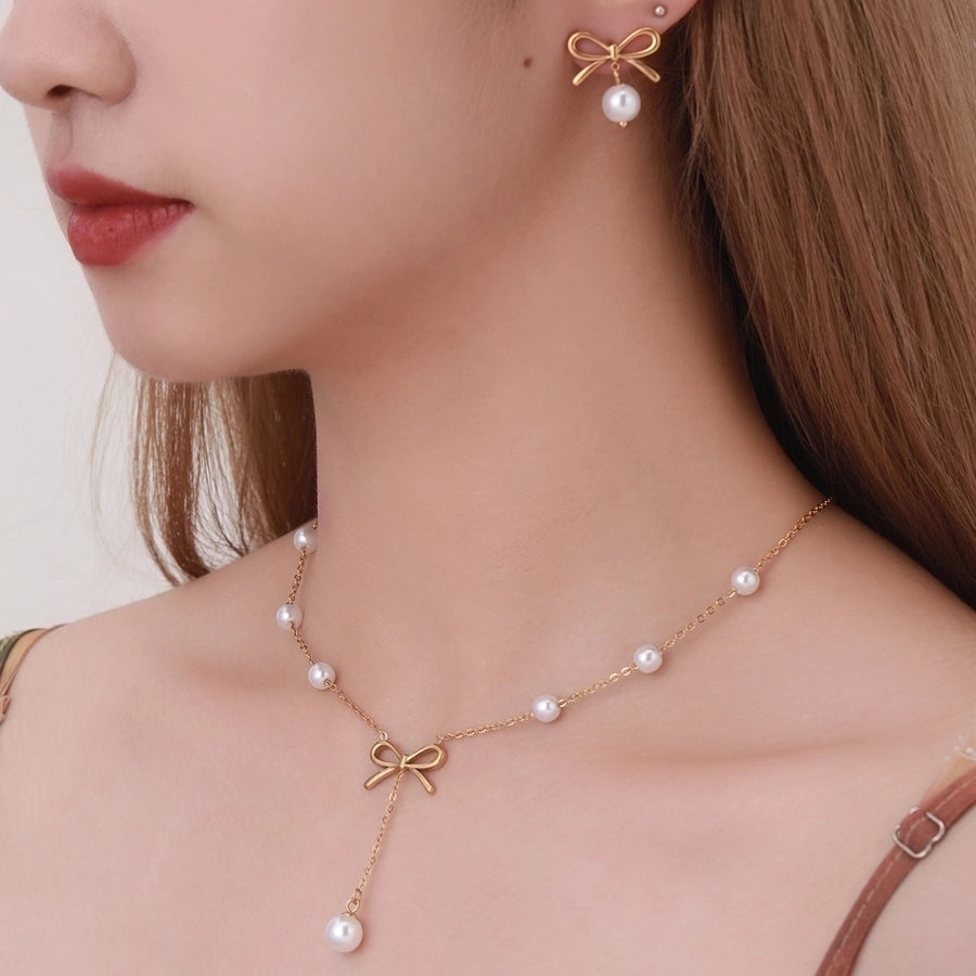 Jewelry Simple Style Classic Style Bow Knot 304 Stainless Steel Artificial Pearls 18K Gold Plated Jewelry Set