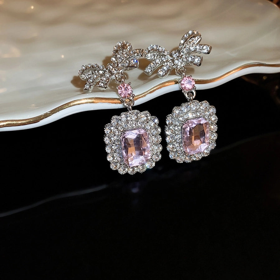 1 pair elegant sweet flower plating inlay alloy rhinestones drop earrings