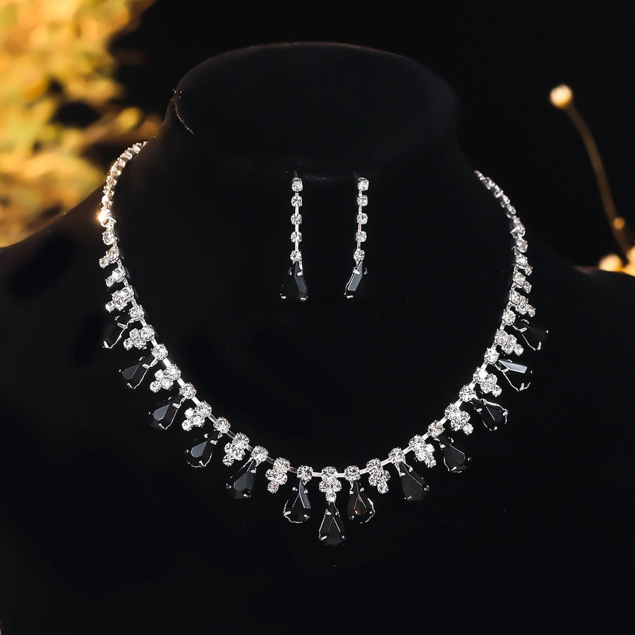 Copper Inlay Tassel Rhinestones Earrings Necklace Jewelry Set