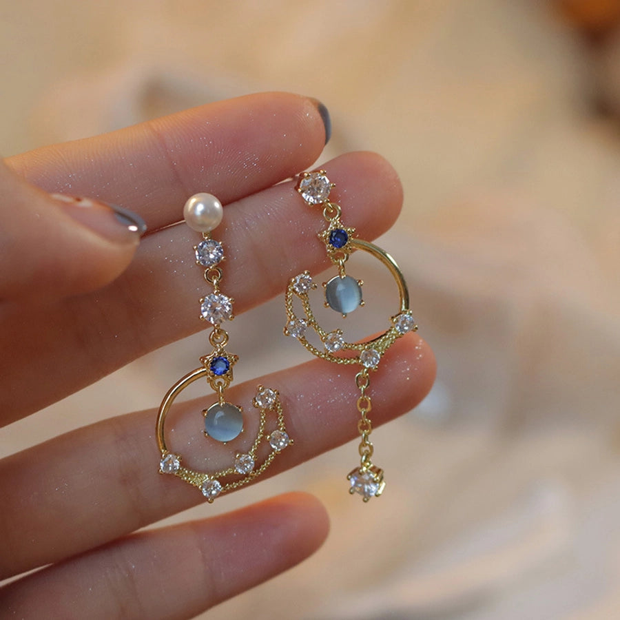 1 pair lady sweet moon flower bow knot inlay imitation pearl alloy rhinestones opal drop earrings