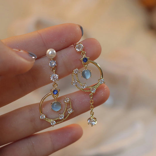 1 pair lady sweet moon flower bow knot inlay imitation pearl alloy rhinestones opal drop earrings