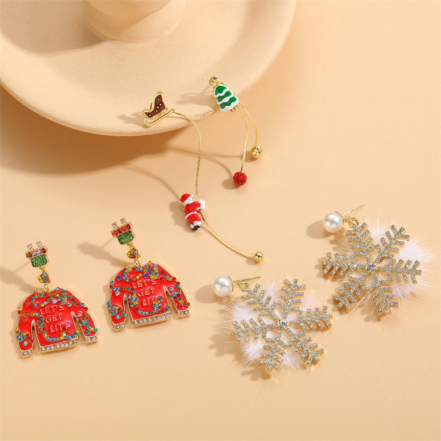 1 pair cute sweet santa claus snowflake enamel plating inlay alloy rhinestones gold drop earrings