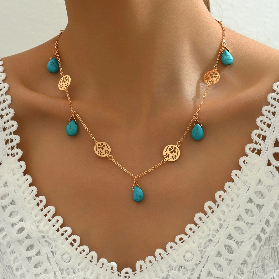 Copper 18K Gold Plated Inlay Flower Turquoise Pendant Necklace