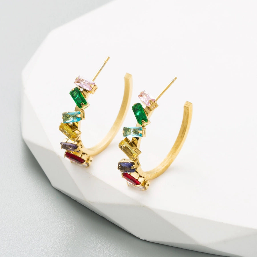 1 Pair Classic Style C Shape Inlay 304 Stainless Steel Rhinestones 18K Gold Plated Ear Studs