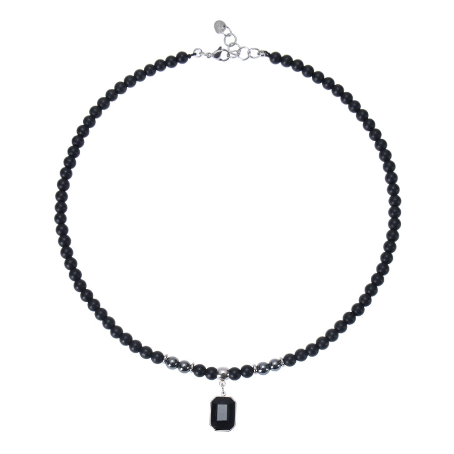 Retro Stainless Steel Black Gemstone Pendant Necklace Men's Frosted Stone Tigereye Beaded Hip Hop Necklace Women