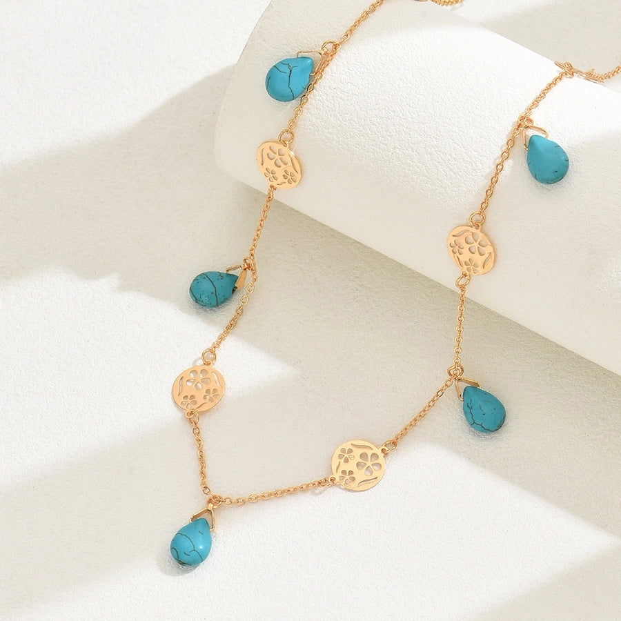 Copper 18K Gold Plated Inlay Flower Turquoise Pendant Necklace