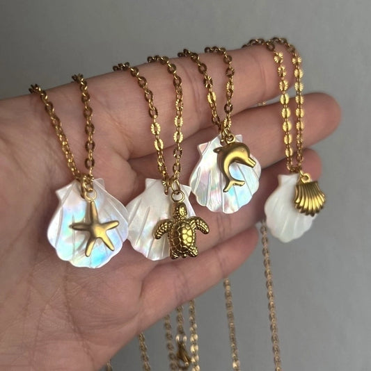 Vacation Marine Style Beach Starfish Dolphin Shell 18K Gold Plated Shell Titanium Steel  Pendant Necklace