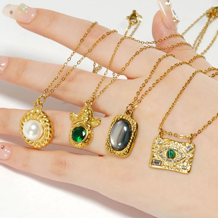 Jewelry Retro Oval Eye Stainless Steel Gem Pearl 18K Gold Plated Plating Inlay Pendant Necklace Long Necklace