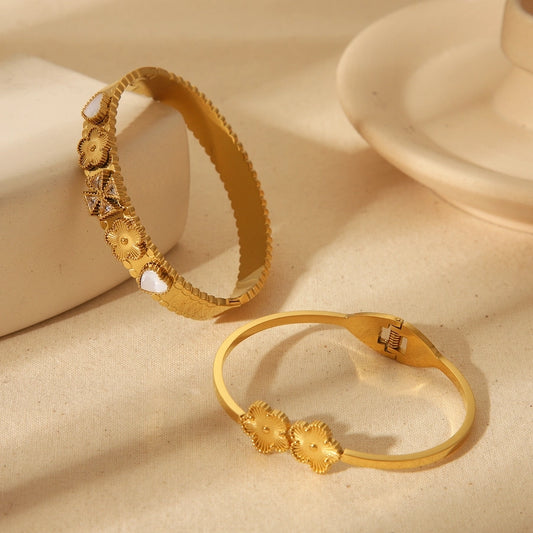 Formal Commute Wind Five-petal flower Round Flower 304 Stainless Steel 18K Gold Plated Bangle In Bulk