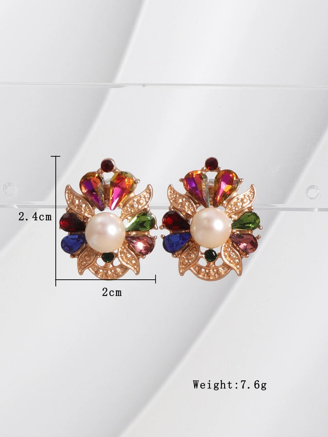 1 pair glam lady shiny flower plating inlay imitation pearl alloy gem rhinestones pearl 18k gold plated ear studs