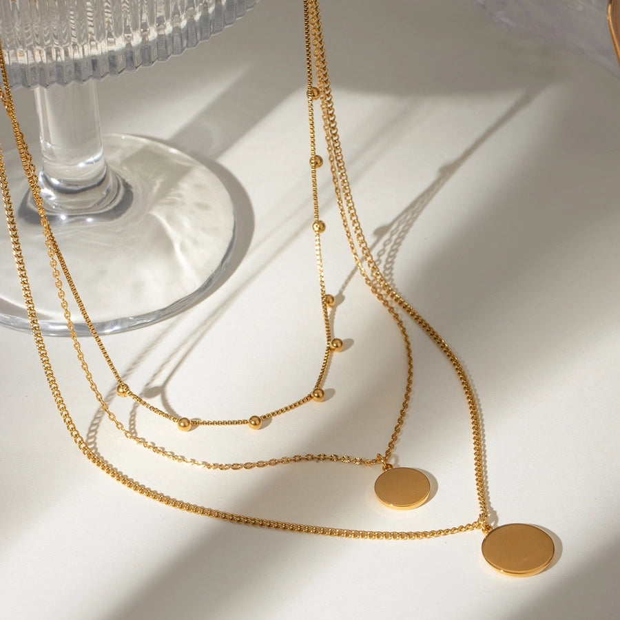 18K Gold Stainless Steel Ball round Steel Pendant Three-Layer Necklace 40/45/50 5cm