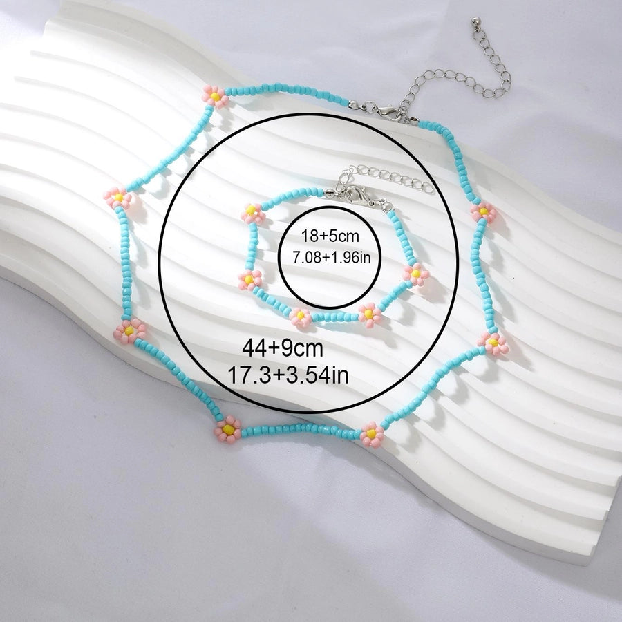 Vacation Beach Sweet Flower Plastic Seed Bead Beaded Women's Bracelets Necklace Jewelry Set