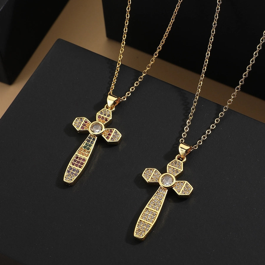Copper Gold Plated Plating Inlay Cross Zircon Pendant Necklace