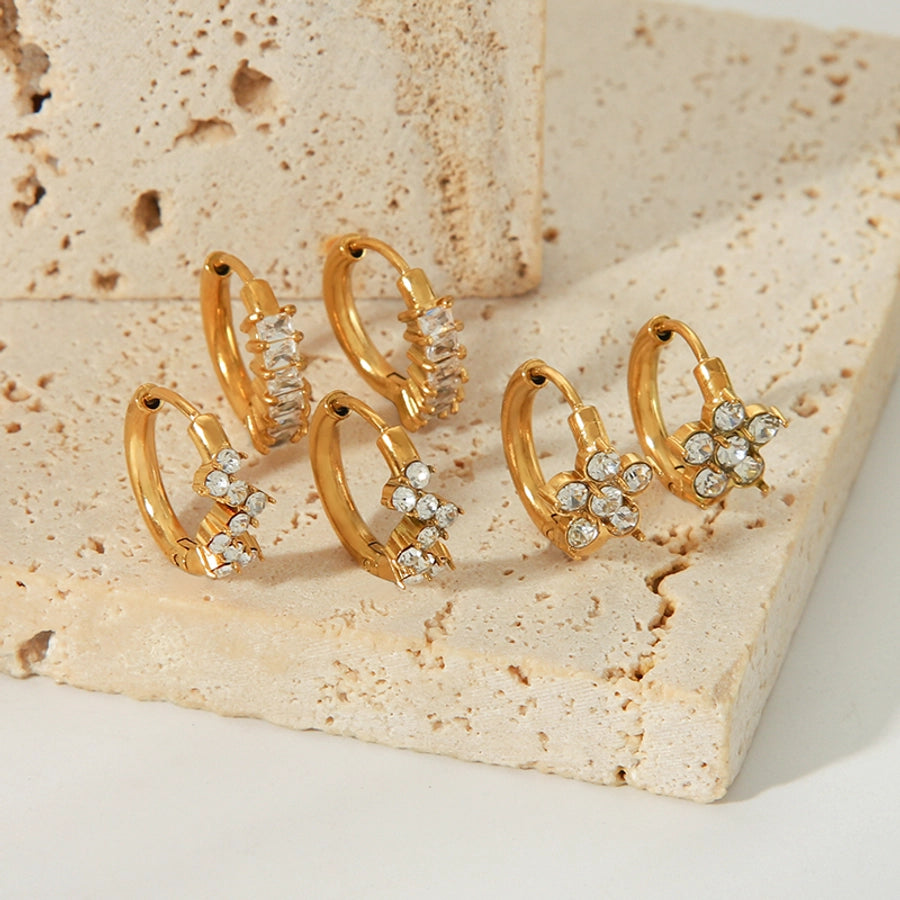 1 Pair Nordic Style French Style Flower Plating Inlay 304 Stainless Steel Rhinestones 18K Gold Plated Hoop Earrings