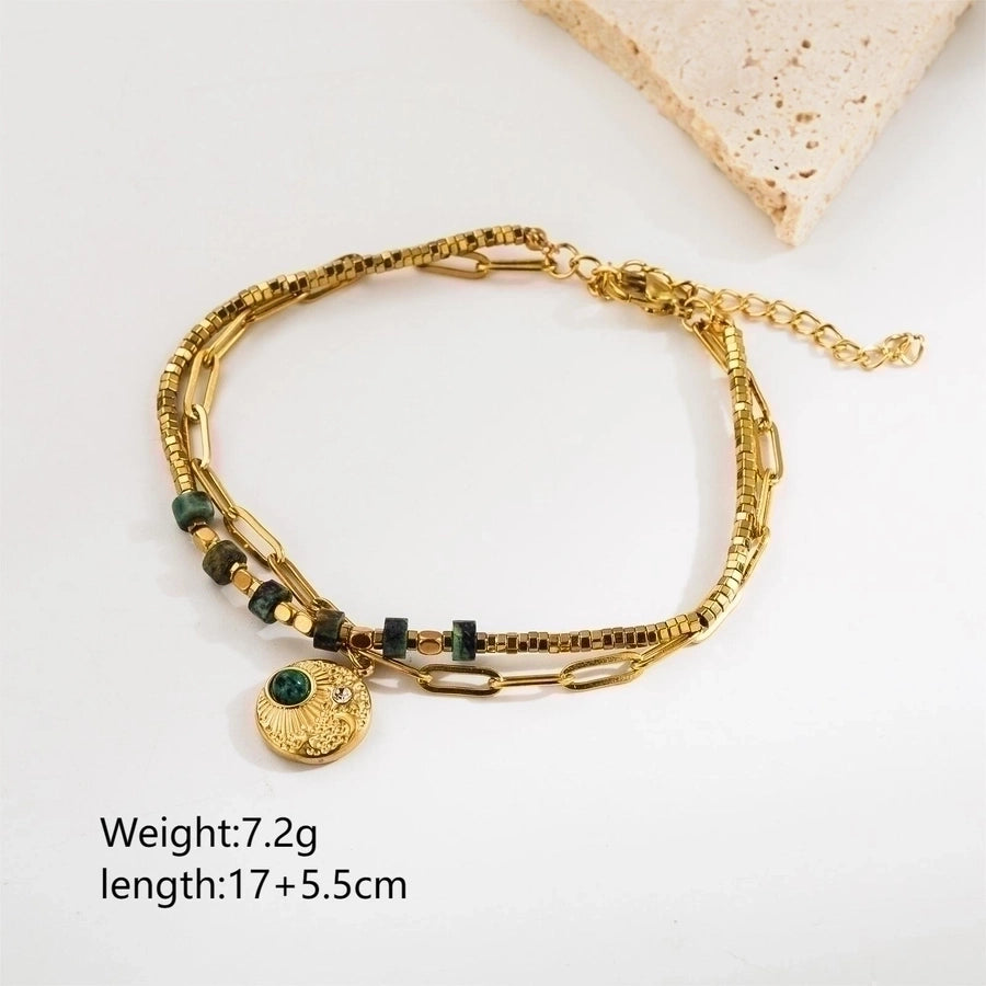 retro vacation heart shape eye stainless steel natural stone beaded plating inlay zircon 18k gold plated bracelets
